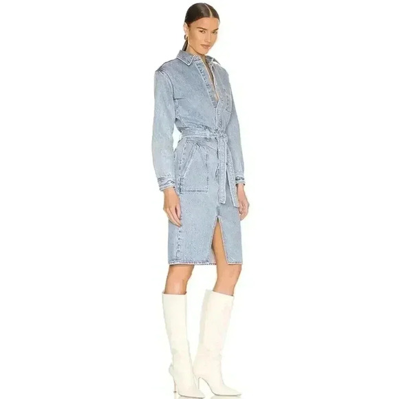 Rag & Bone Mia Belted Midi Jeans Dress Denim Chambray Blue Large L Button Up NEW - Picture 1 of 6